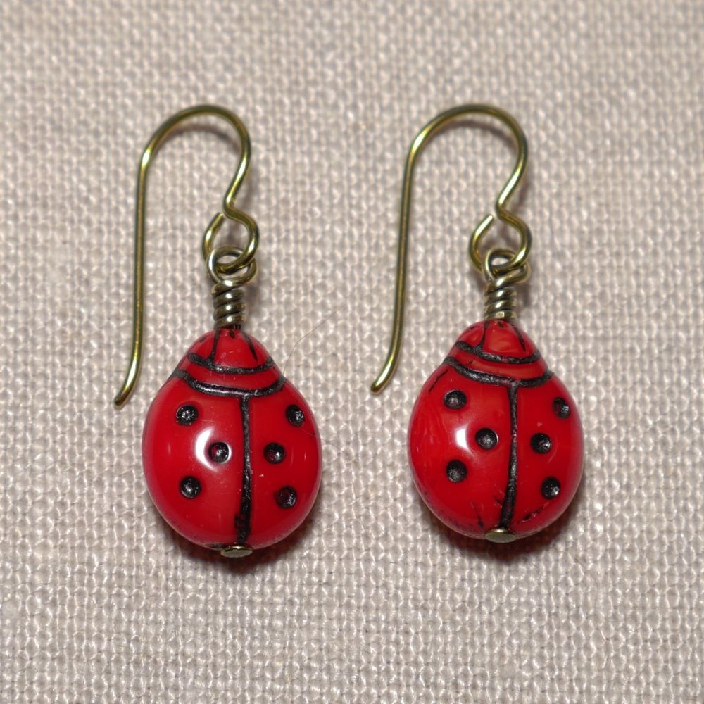 Hand Crafted Handmade Earrings Red Czech Glass Ladybug Earrings